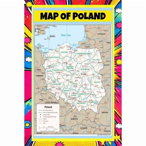 Map Of Poland 18x24 Inch - Pop Art Edition Vibrant Perfect for Kids Classrooms and Homes Laminated Wall Poster - Vivid Imagery with Bright Colors
