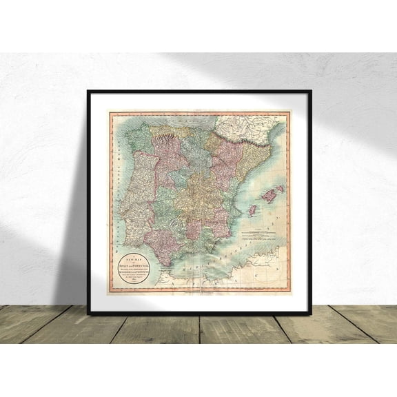 Map Of Spain And Portugal John Cary Square Poster Vintage Maps Geography Travel, Unframed Paper Poster 24x36in