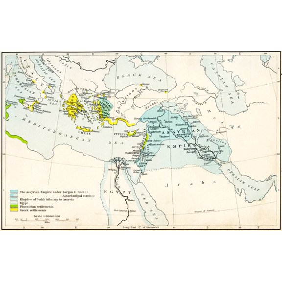 Map Of The Assyrian Empire And The Region Around The Eastern Mediterranean 750 - 625 B.c. From Historical Atlas