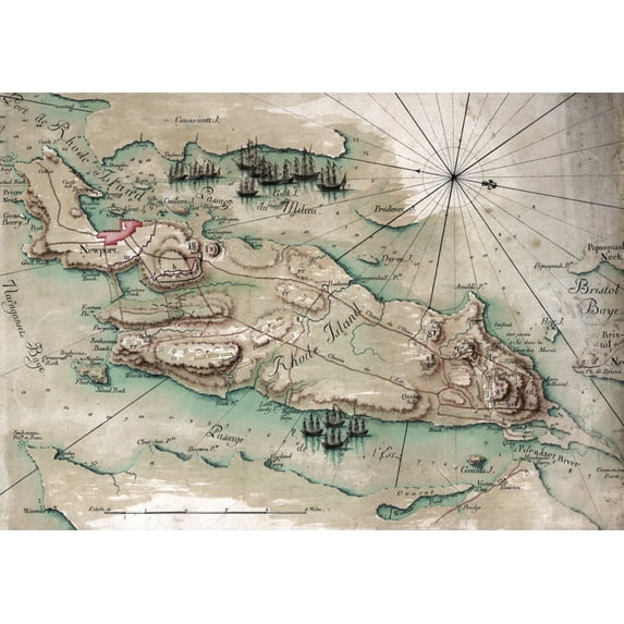 Map Of The Battle Of Rhode Island. Featuring Different Manuevers By The French Fleet And By The American Army Under The