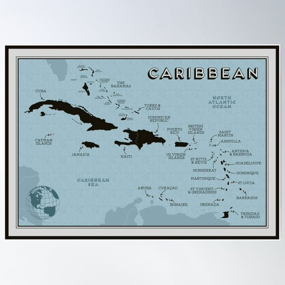 Map Of The Caribbean Islands Poster Wall Art, Modern Wall Decor For Living Room Bedroom, 12x18 UNFRAMED
