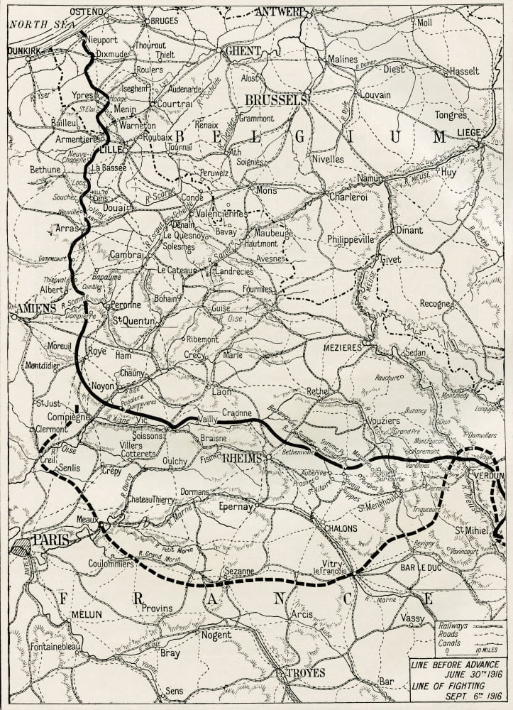 Map Of The Somme Offensive On The Western Front During World War One From The Year 1916 Illustrated Canvas Art - Ken Welsh Design Pics (26 x 36)