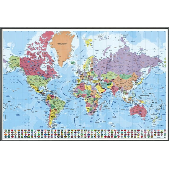 Map Of The World - Framed Poster (Political World Map With Flags) (Size: 37" X 25") (Metallic Anthracite Plastic Frame)
