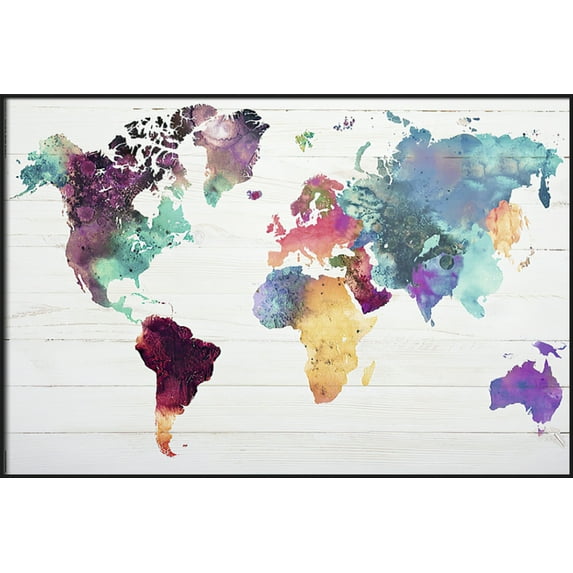 Map Of The World - Framed Watercolor Art Poster (World Map) (Size: 37" X 25") (Black Aluminum Frame)