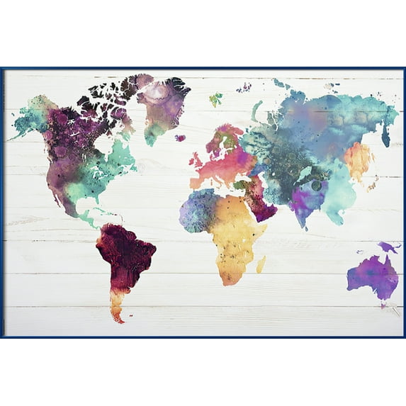 Map Of The World - Framed Watercolor Art Poster (World Map) (Size: 37" X 25") (Metallic Blue Plastic Frame)