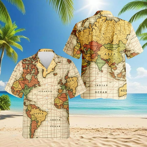 Map Of The World Hawaiian Shirt for Men, Earth Cartography, Button Down Summer Beach Short Sleeve, S-5XL