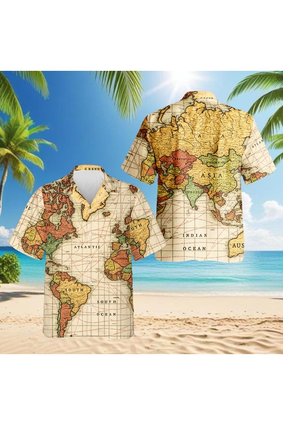 Map Of The World Hawaiian Shirt for Men, Earth Cartography, Button Down Summer Beach Short Sleeve, S-5XL