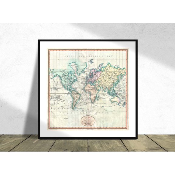 Map Of The World On Mercator Projection John Cary Square Vintage Maps Travel Decor Unframed Paper Print