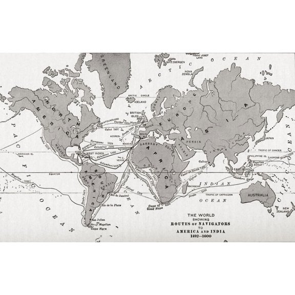 Map Of The World Showing The Routes Of Navigators To America And India From 1492-1600. From The History Of Our Country, Published 1899 by Ken Welsh / Design Pics (34 x 22)