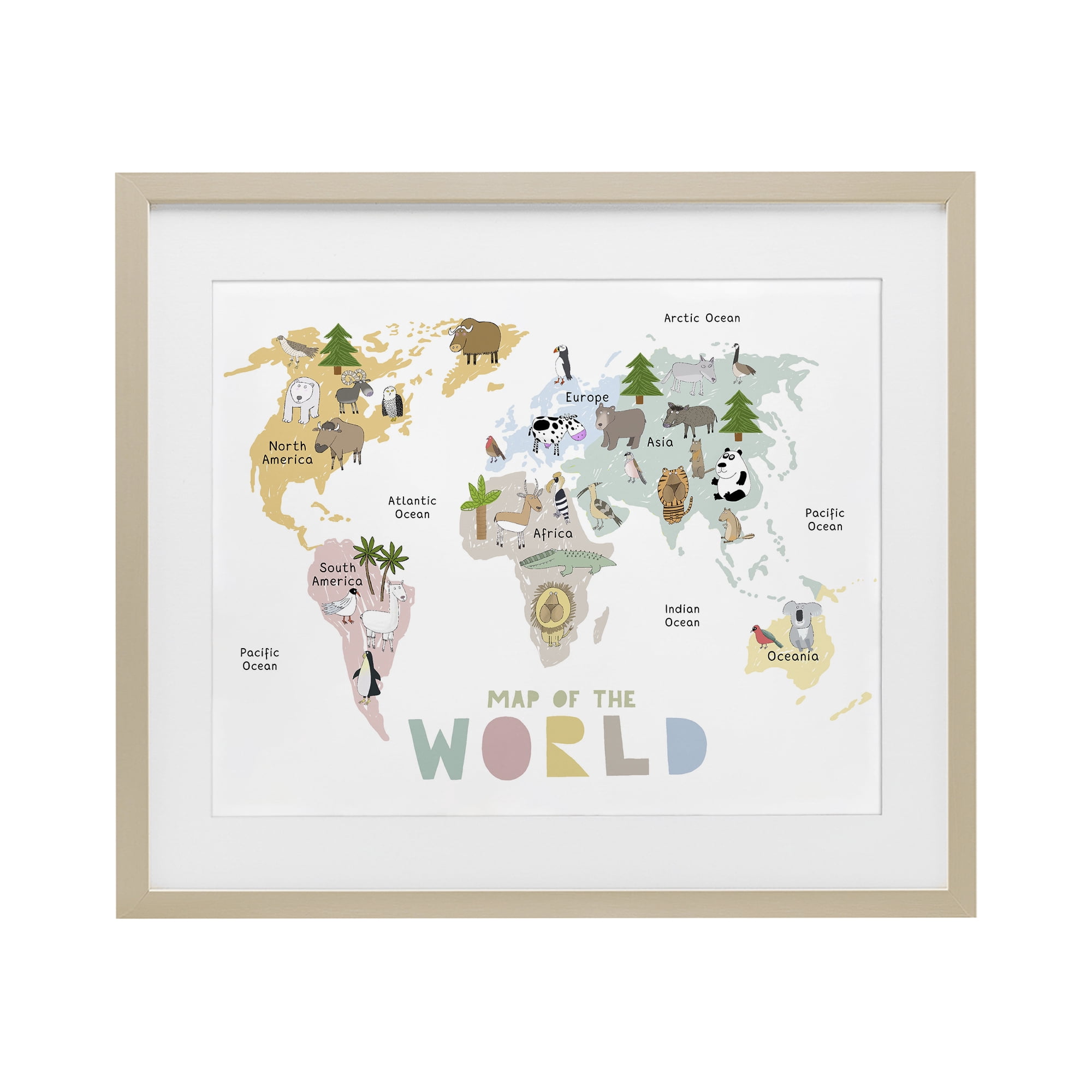 Map Of World Pastel Animals Birch Framed Print Under Glass, design by Carla Daly