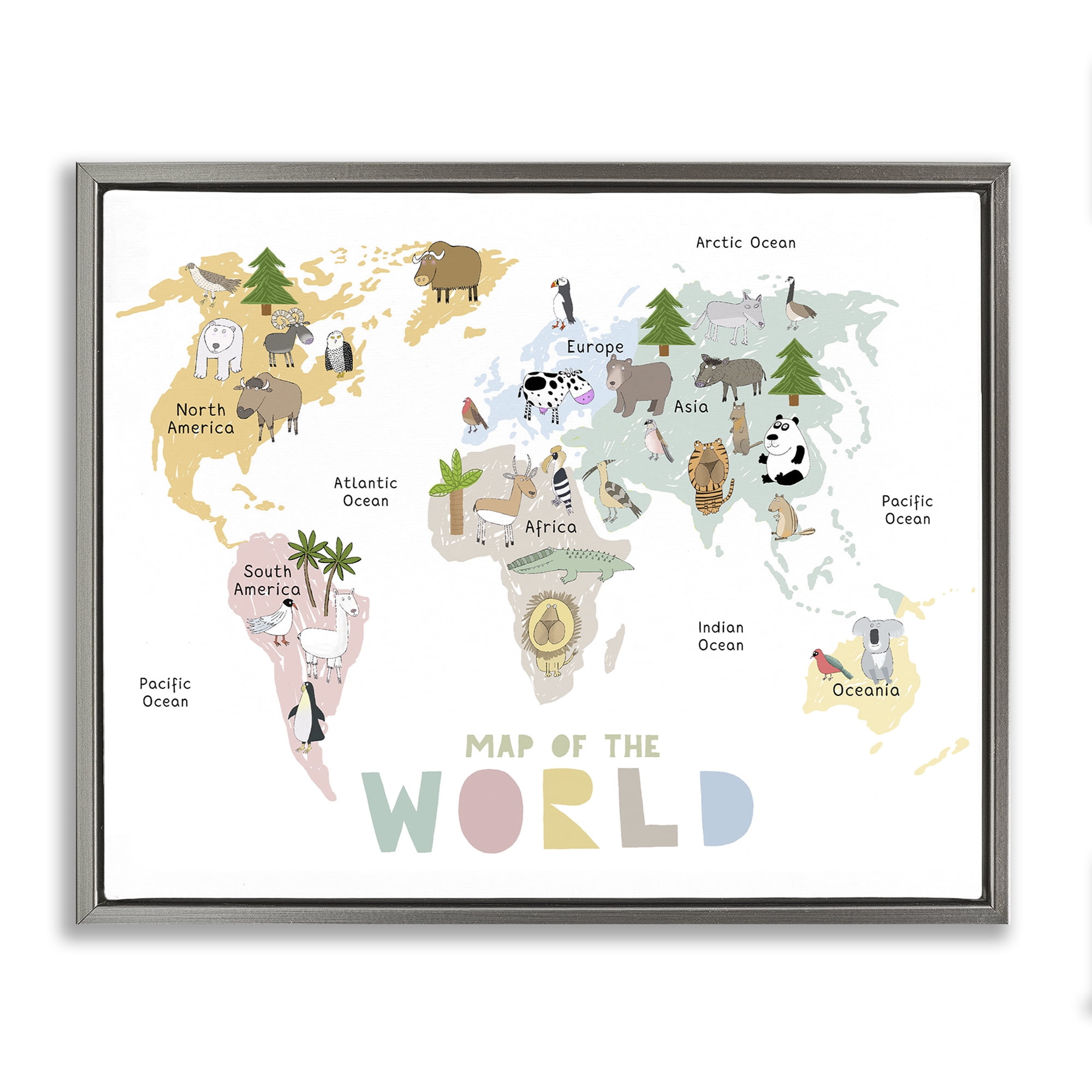 Map Of World Pastel Animals Gray Framed Floater Canvas Wall Art, design by Carla Daly