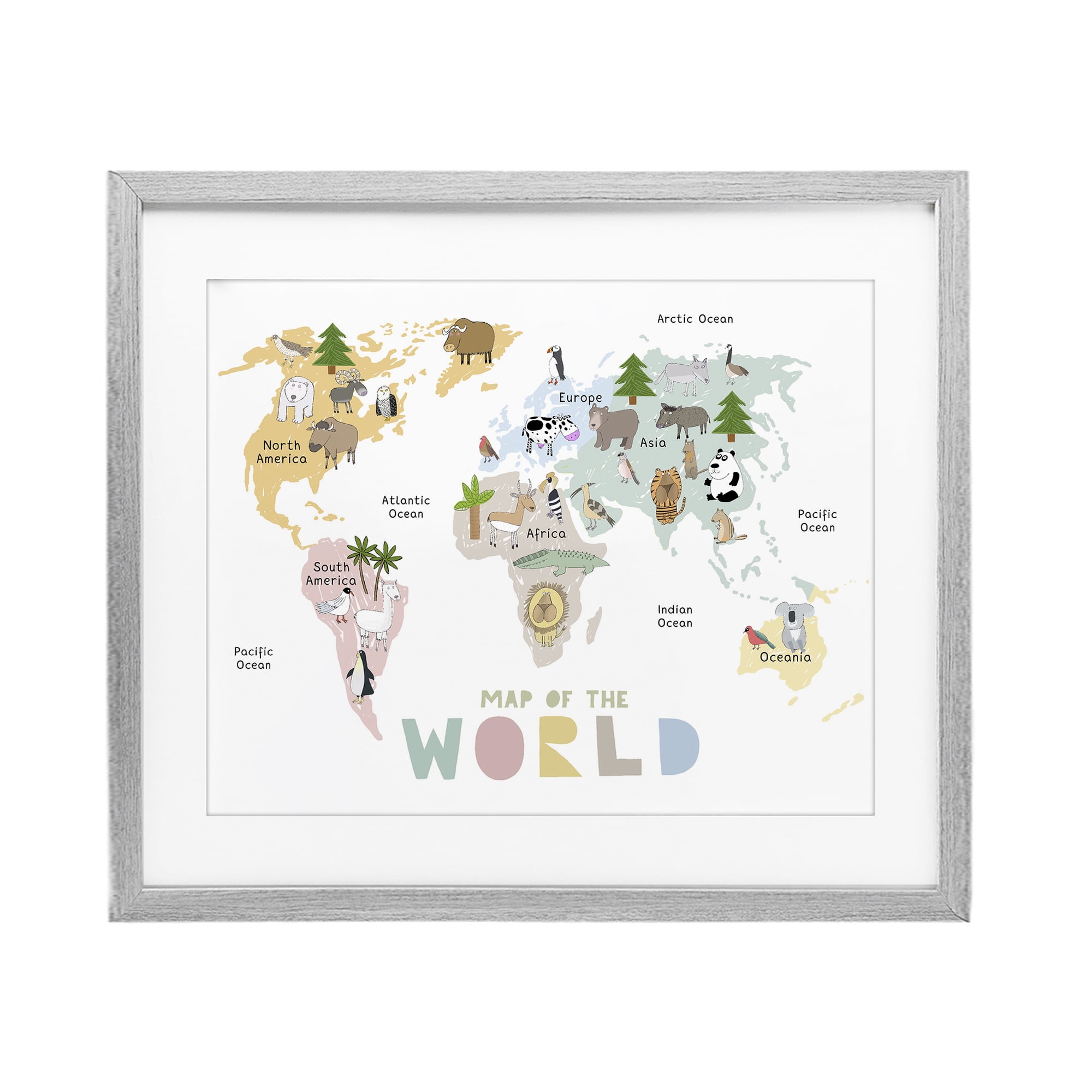 Map Of World Pastel Animals Gray Framed Print Under Glass, design by Carla Daly