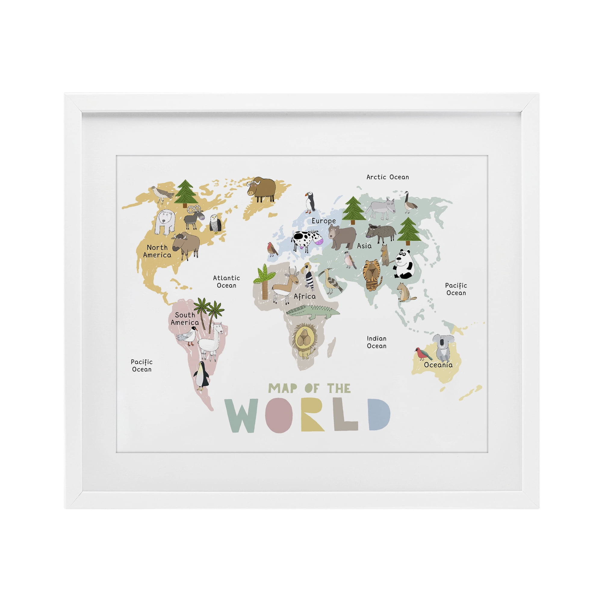 Map Of World Pastel Animals White Framed Print Under Glass, design by Carla Daly