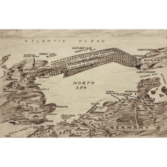 Map Of Ww1 British-American Mine Field In The North Sea. 1917-18. A Field Of Over 70 History