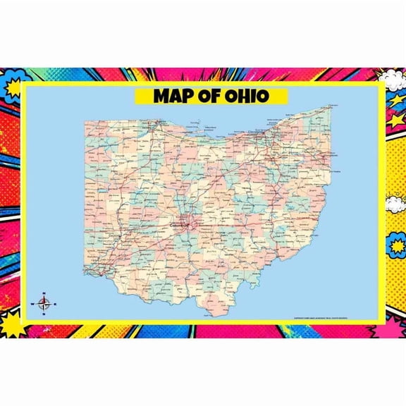 Map Of Ohio Style E - 18x24 Inch - Pop Art Edition Vibrant Perfect for Kids Classrooms and Homes Laminated Wall Poster - Vivid Imagery with Bright Colors