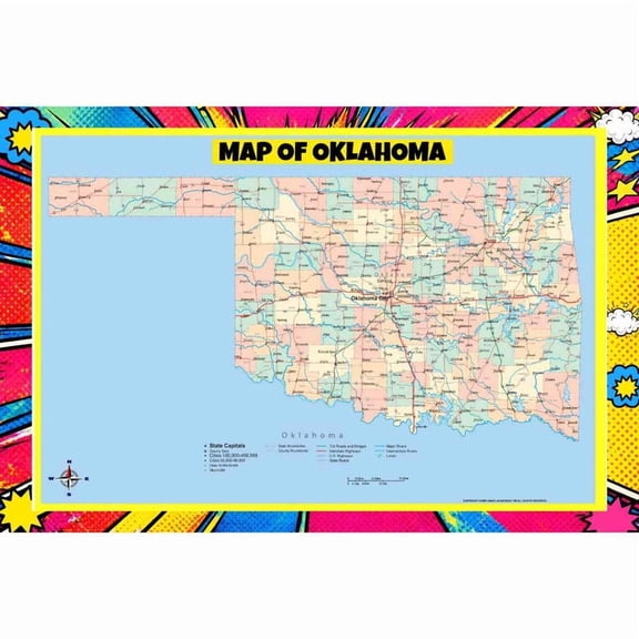 Map Of Oklahoma Style A - 18x24 Inch - Pop Art Edition Vibrant Perfect for Kids Classrooms and Homes Laminated Wall Poster - Vivid Imagery with Bright Colors