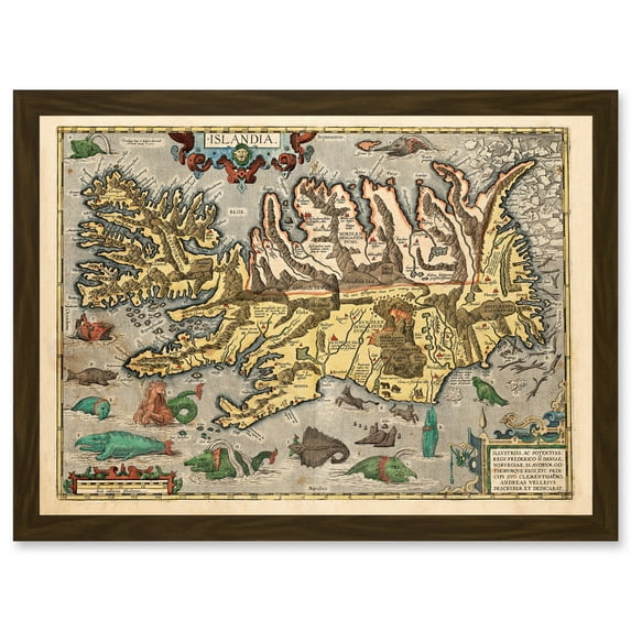 Map Ortelius 1585 Iceland Islandia Sea Monsters Pictorial Fantasy Artwork Framed Wall Art Print A4