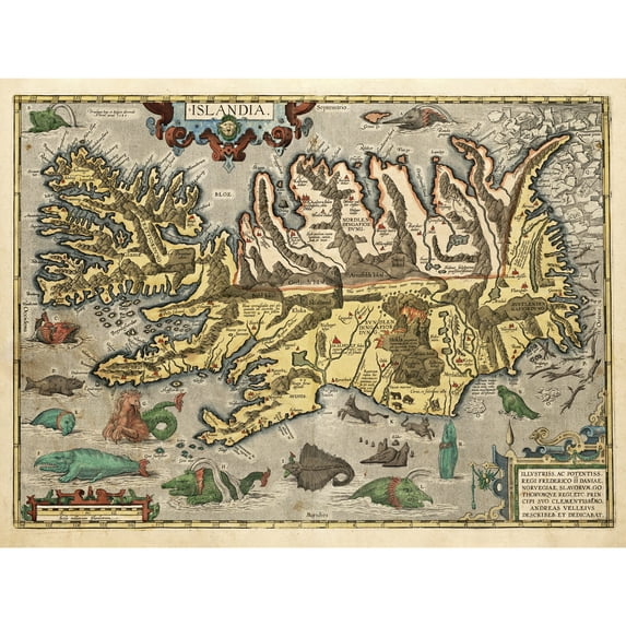 Map Ortelius 1585 Iceland Sea Monsters Pictorial Extra Large XL Wall Art Poster Print