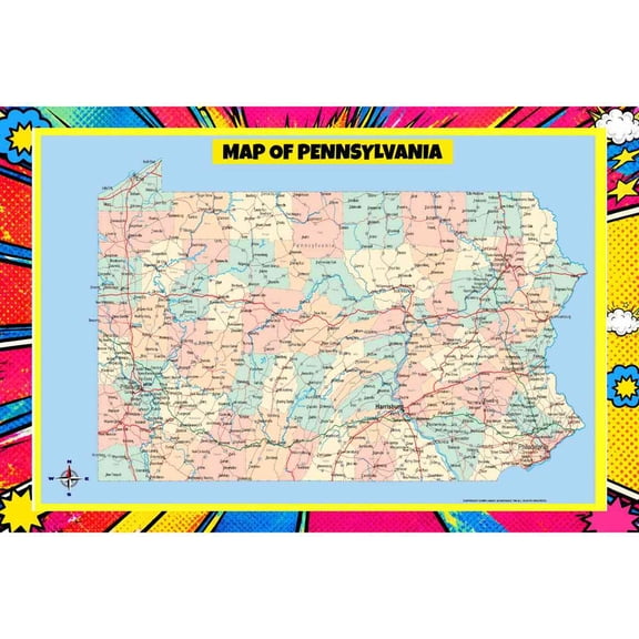 Map Of Pennsylvania Style D - 36x54 Inch - Pop Art Edition Vibrant Perfect for Kids Classrooms and Homes Laminated Wall Poster - Vivid Imagery with Bright Colors