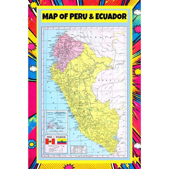 Map Of Peru And Ecuador 18x24 Inch - Pop Art Edition Vibrant Perfect for Kids Classrooms and Homes Laminated Wall Poster - Vivid Imagery with Bright Colors