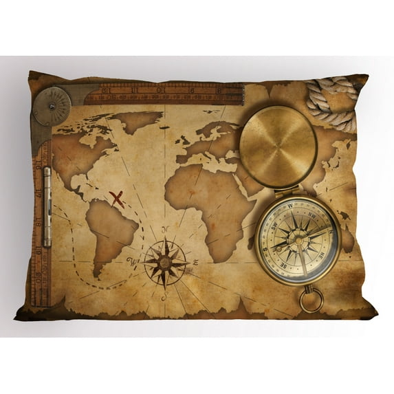 Map Pillow Sham Aged Vintage Treasure Map Ruler Rope Old Compass Antique Adventure Discovery, Decorative Standard King Size Printed Pillowcase, 36 X 20 Inches, Brown Pale Brown, by Ambesonne
