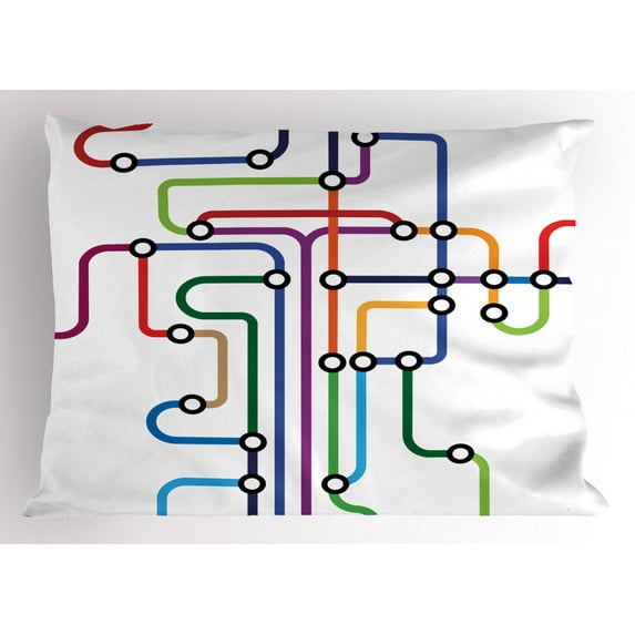 Map Pillow Sham Colorful Abstract Subway Map Lines and Dots Navigation Guide Modern Underground Railway, Decorative Standard Queen Size Printed Pillowcase, 30 X 20 Inches, Multicolor, by Ambesonne