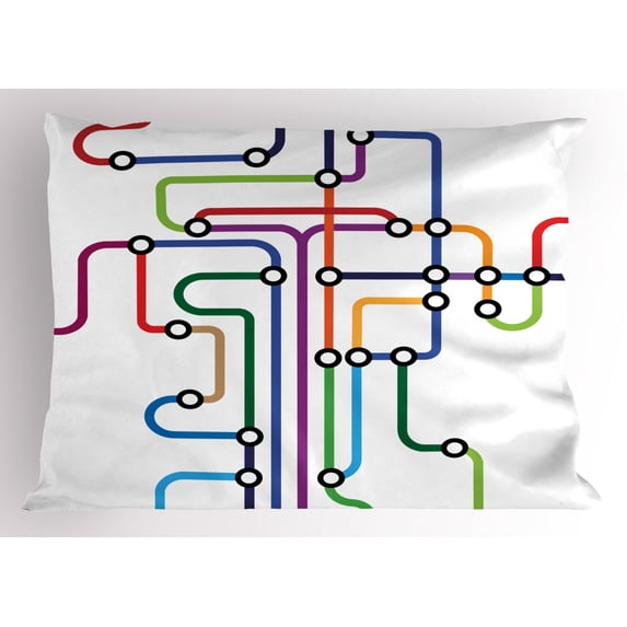 Map Pillow Sham Colorful Abstract Subway Map Lines and Dots Navigation Guide Modern Underground Railway, Decorative Standard Size Printed Pillowcase, 26 X 20 Inches, Multicolor, by Ambesonne