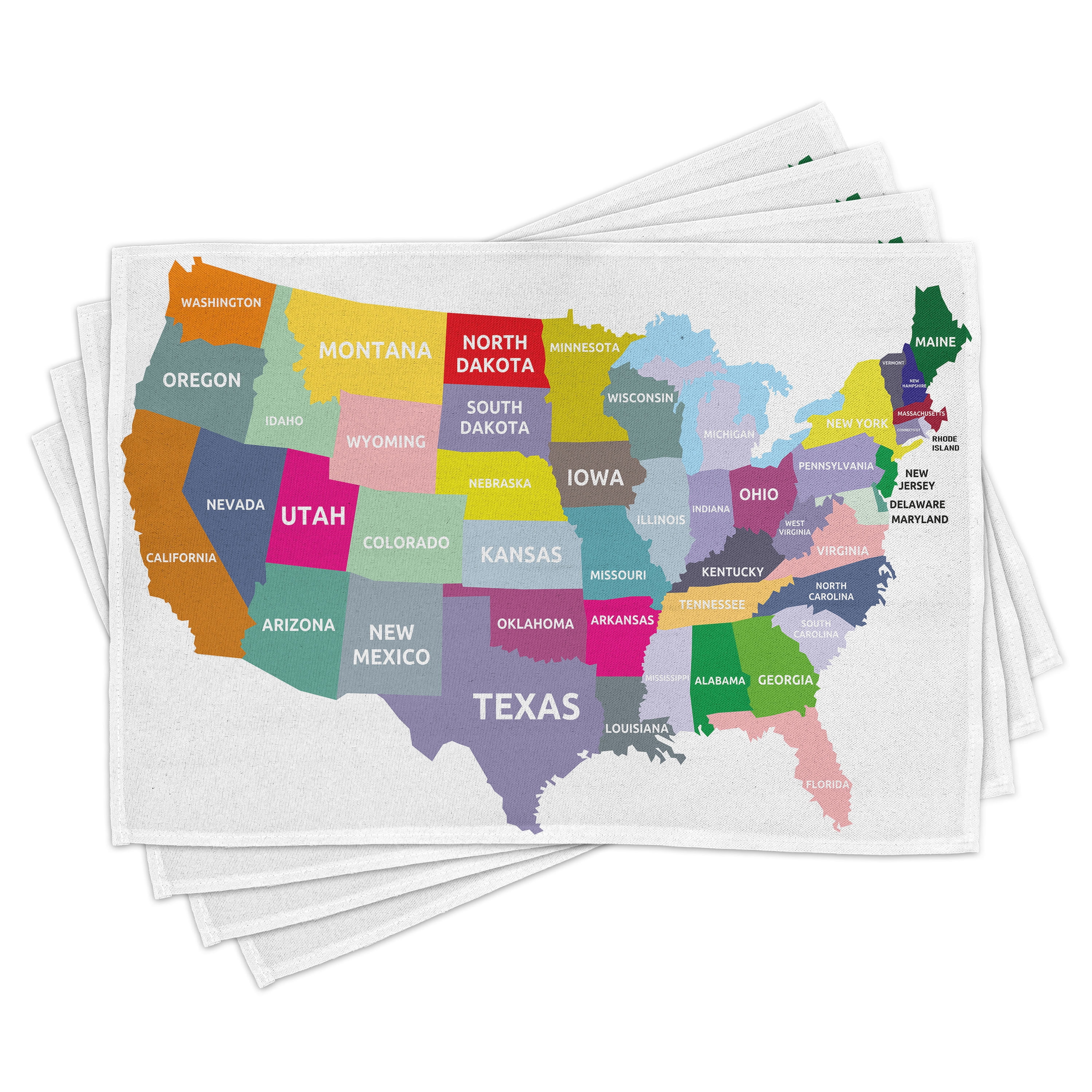 Map Place Mats Set of 8, USA Map with Name of States in Colorful Design