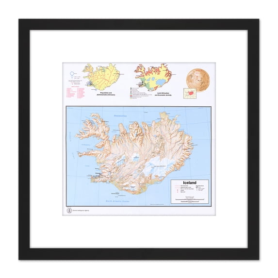 Map Political Cia 1973 Iceland Information Old Reproduction 8X8 Inch Square Wooden Framed Wall Art Print Picture with Mount
