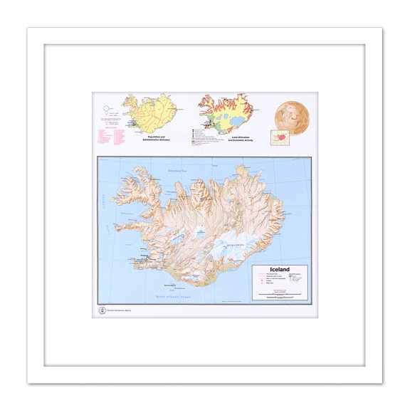 Map Political Cia 1973 Iceland Information Old Reproduction 8X8 Inch Square Wooden Framed Wall Art Print Picture with Mount
