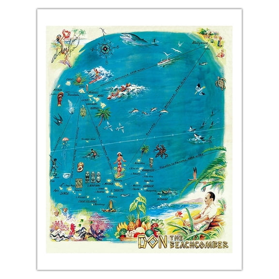 Map of the Polynesian Islands - Don the Beachcomber Tiki Bar and Restaurant - Vintage Hawaiian Menu Cover c.1959 - Fine Art Matte Paper Print (Unframed) 11x14in
