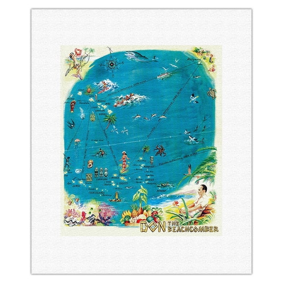 Map of the Polynesian Islands - Don the Beachcomber Tiki Bar and Restaurant - Vintage Hawaiian Menu Cover c.1959 - Fine Art Rolled Canvas Print (Unframed) 11in x 14in