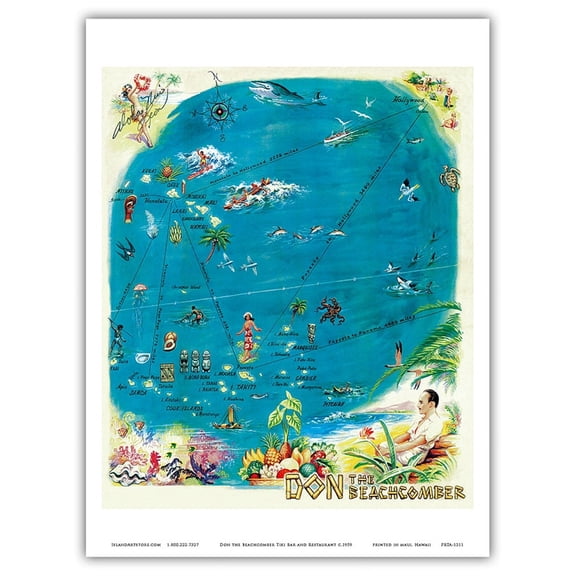 Map of the Polynesian Islands - Don the Beachcomber Tiki Bar and Restaurant - Vintage Hawaiian Menu Cover c.1959 - Master Art Print (Unframed) 9in x 12in
