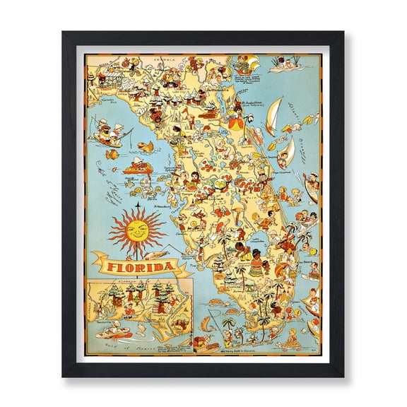 Map Poster Retro Florida Print Pictorial Cartoon Map Art Gift For Travel Lover Cool Decor For Bedroom