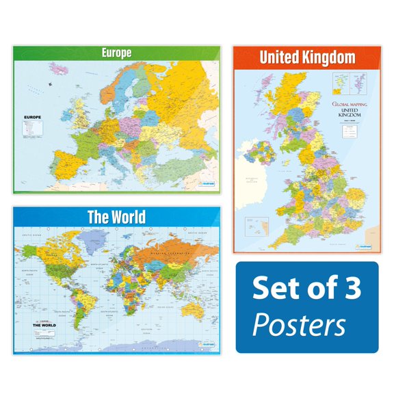 Map Posters - Set of 3 | Geography Posters | Laminated Gloss Paper measuring 850mm x 594mm (A1) | Geography Classroom Posters | Education Charts by Daydream Education