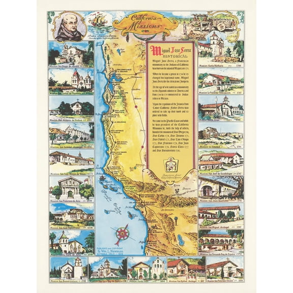 Map Putnam 1949 California Missions History Extra Large XL Wall Art Poster Print
