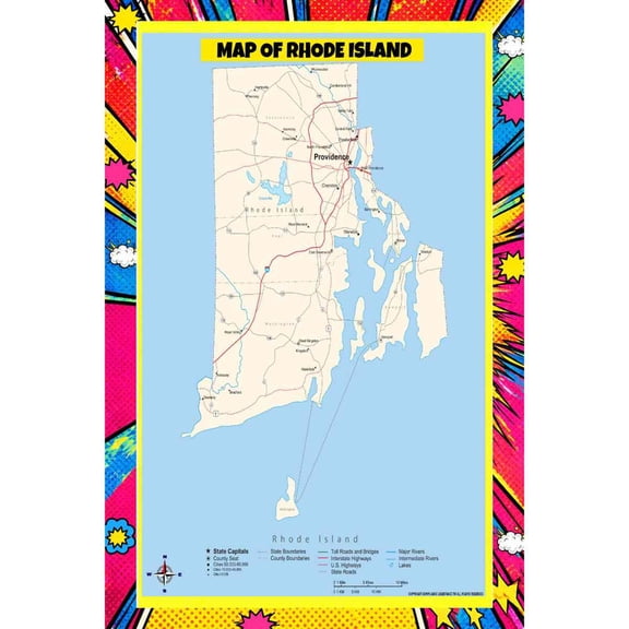 Map Of Rhode Island Style A - 36x54 Inch - Pop Art Edition Vibrant Perfect for Kids Classrooms and Homes Laminated Wall Poster - Vivid Imagery with Bright Colors