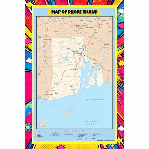 Map Of Rhode Island Style C - 36x54 Inch - Pop Art Edition Vibrant Perfect for Kids Classrooms and Homes Laminated Wall Poster - Vivid Imagery with Bright Colors