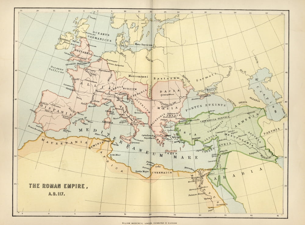 Map Of The Roman Empire In Ad 117 From The National Encyclopaedia Published By William Mackenzie London Late 19Th Century Canvas Art - Ken Welsh Design Pics (34 x 24)
