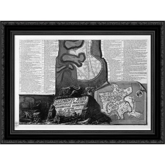 Map of Rome and the Campus Martius with the relevant Index and dedication to Clement XIII in three sheets, and title listed 24x20 Black Ornate Wood Framed Canvas Art by Piranesi, Giovanni Battista