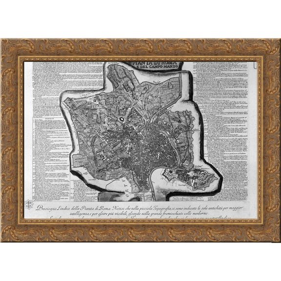 Map of Rome and the Campus Martius with the relevant Index and dedication to Clement XIII in three sheets, and title listed 24x20 Gold Ornate Wood Framed Canvas Art by Piranesi, Giovanni Battista