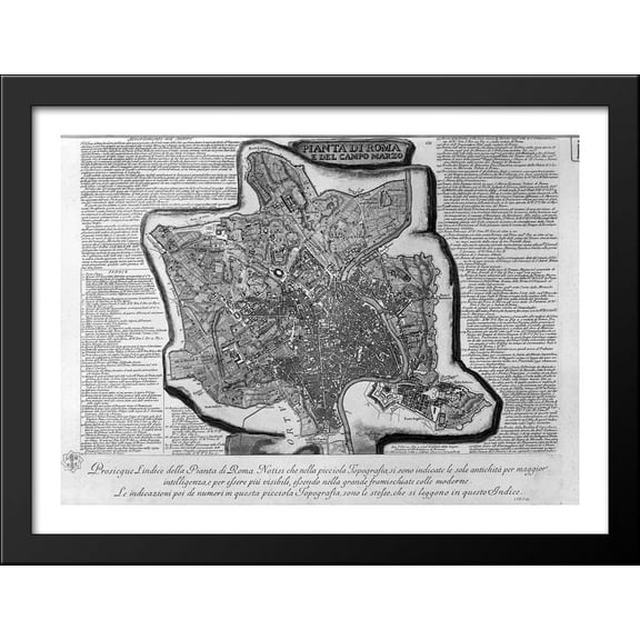 Map of Rome and the Campus Martius with the relevant Index and dedication to Clement XIII in three sheets, and title listed 38x28 Large Black Wood Framed Print Art by Giovanni Battista Piranesi