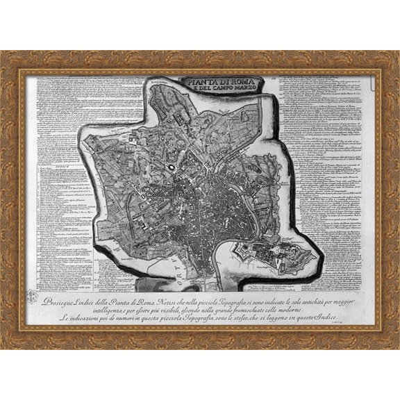 Map of Rome and the Campus Martius with the relevant Index and dedication to Clement XIII in three sheets, and title listed 38x28 Large Gold Ornate Wood Framed Canvas Art by Giovanni Battista Piranesi