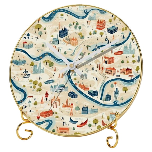 Map Round Printed Wall Clocks with Hooks and Gold Stand - Silent Non Ticking Clocks for Office, Home and Kitchen