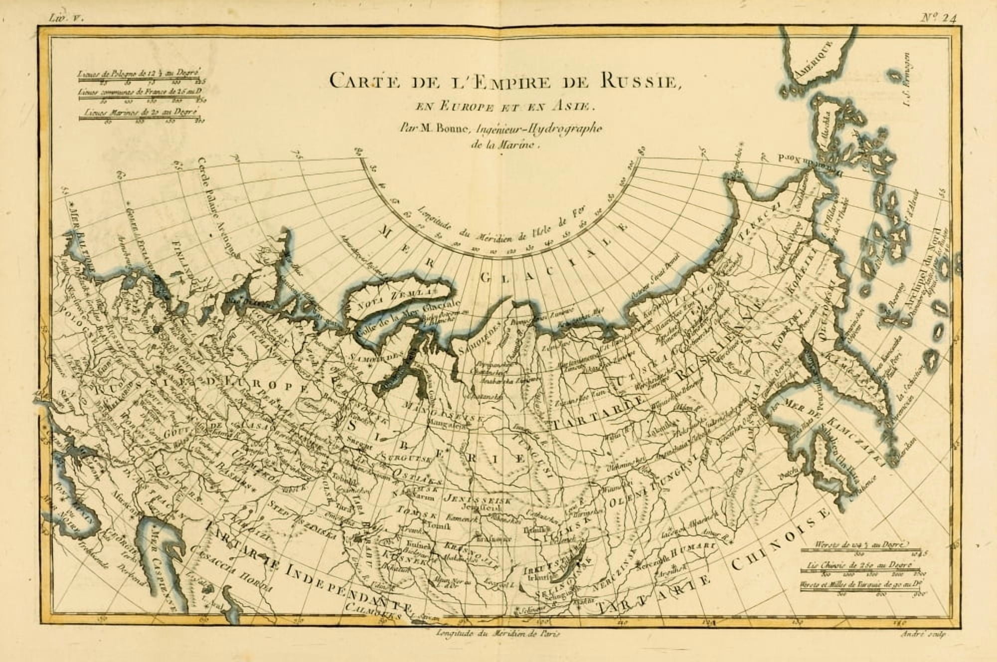 Map Of Russia Circa1760 From Atlas De Toutes Les Parties Connues Du Globe Terrestre By Cartographer Rigobert Bonne Published Geneva Circa 1760 Canvas Art - Ken Welsh Design Pics (36 x 24)