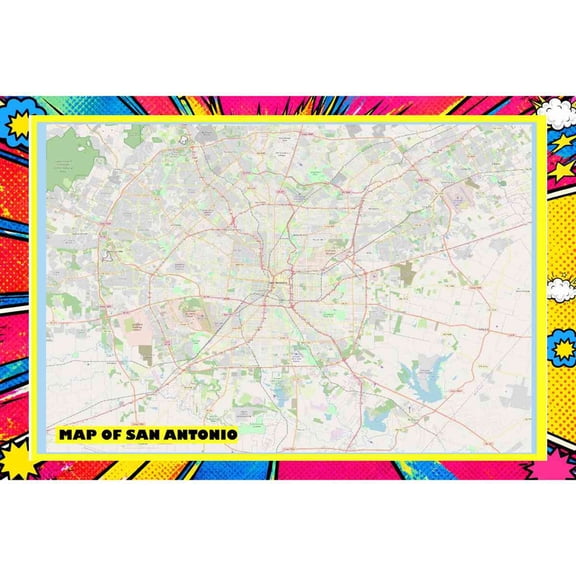Map Of San Antonio 24x36 Inch - Pop Art Edition Vibrant Perfect for Kids Classrooms and Homes Laminated Wall Poster - Vivid Imagery with Bright Colors