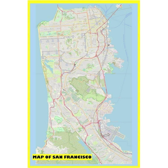 Map of San Francisco 24x36 with Neighborhoods, Streets, Roads, Highways and Parks - Laminated Wall Map Poster Print - Vivid Imagery with Bright Colors