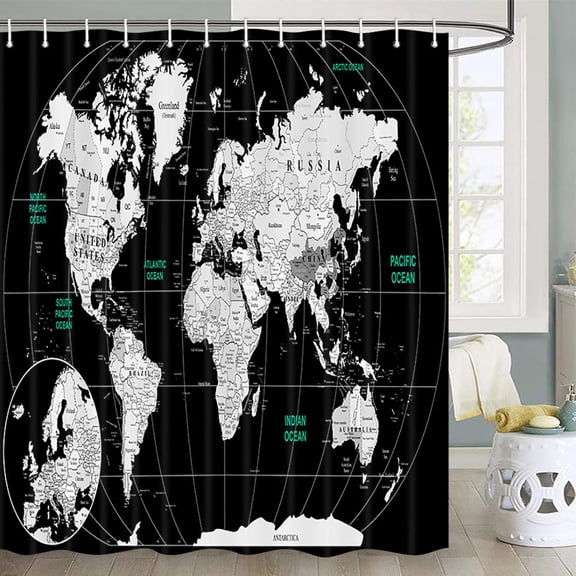 Map Shower Curtain for Bathroom, Black Asia Europe South City Topography America Africa Japan Shower Curtain, Map of World Fabric Shower Curtains Waterproof 70X70 Inches with 12 Hooks