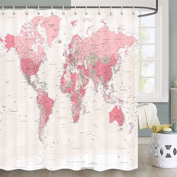 Map Shower Curtain, Beige Asia Europe South City Topography America Africa Japan Shower Curtain, Map of World Fabric Shower Curtains Waterproof 70X70 Inches with 12 Hooks