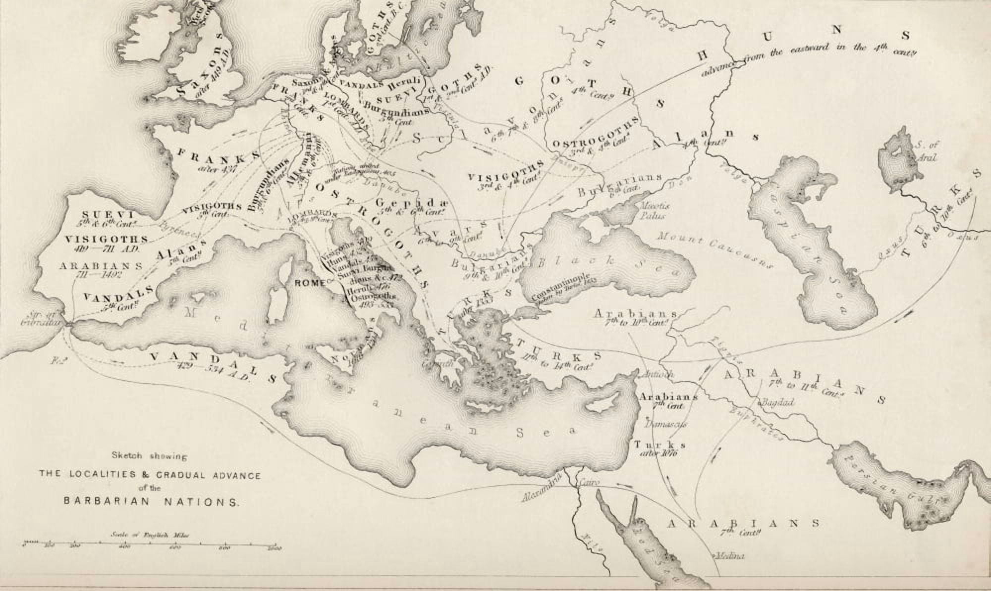 Map Showing The Gradual Advance Of The Barbarian Nations Drawn And Engraved By W Hughes Canvas Art - Ken Welsh Design Pics (36 x 22)